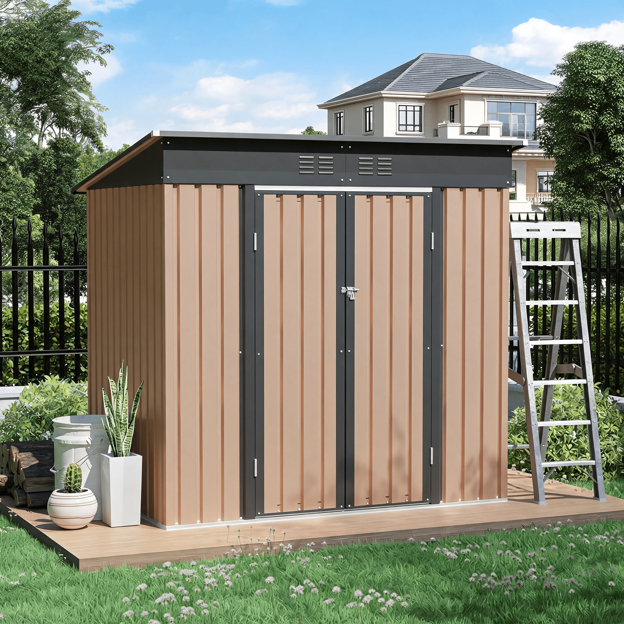 Outdoor 6x4-Foot Metal Garden Shed with Hinge Door and Pent Roof, Brown Storage Shed for Patio Backyard and Tool Organization