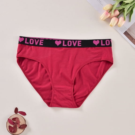 Voncos 100% Cotton Plus Size Womens Panties, Red High/Medium Waisted Bikini Briefs, XL-XXXXXL, LOVE & Heart Wide Waistband, Soft Breathable Underwear,Size 2XL