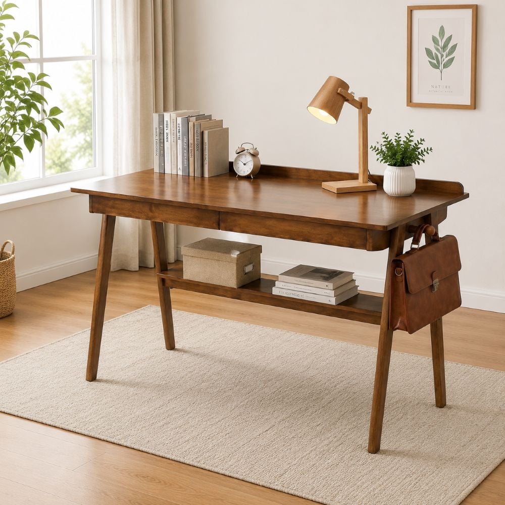 WUSCASA Solid Wood Writing Desk, Mid Century Modern Home Office Computer Desk with 2 Drawers & Storage Shelf Study Table