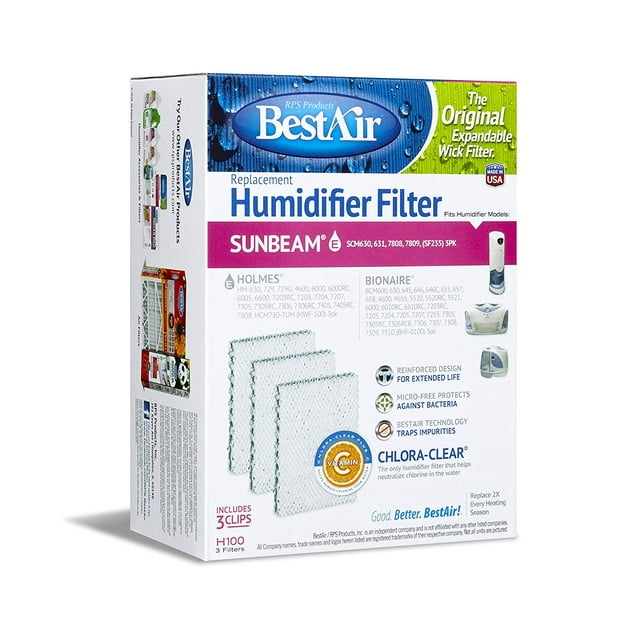 H100-PDQ-3 Extended Life Humidifier Replacement Paper Wick Humidifier Filter, For Holmes Models, 5.8" x 7.8" x 3.4", Single Pack (3 Filters), Antimicrobial wick.., By BestAir