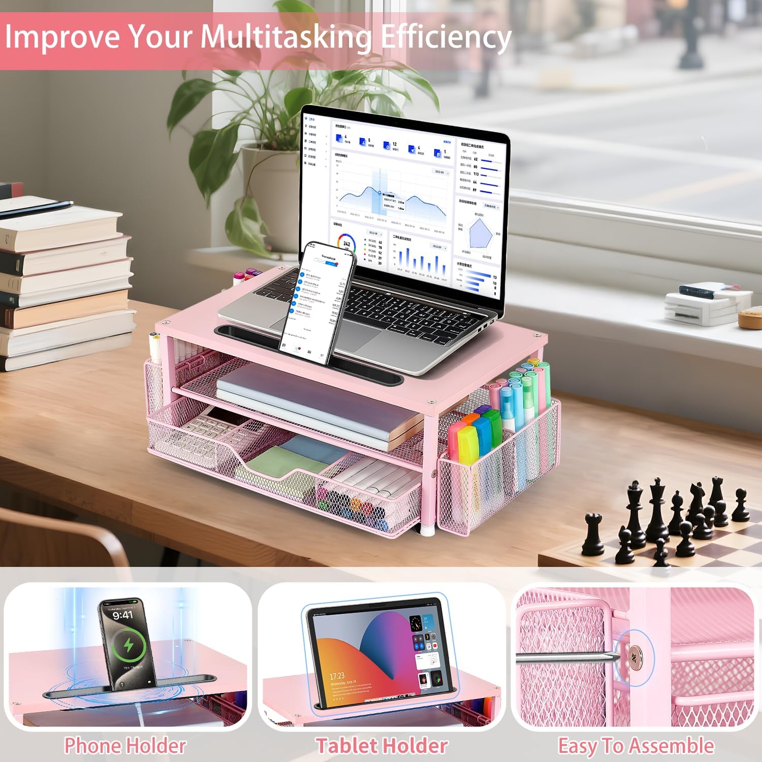 Wood Desk Organizers and Accessories, 2-Tier Computer Monitor Stand with Drawer, Pen Storage & Tablet Phone Holder, Office Desk Accessories, Workspace Desktop Organization for Office Supplies（Brown）