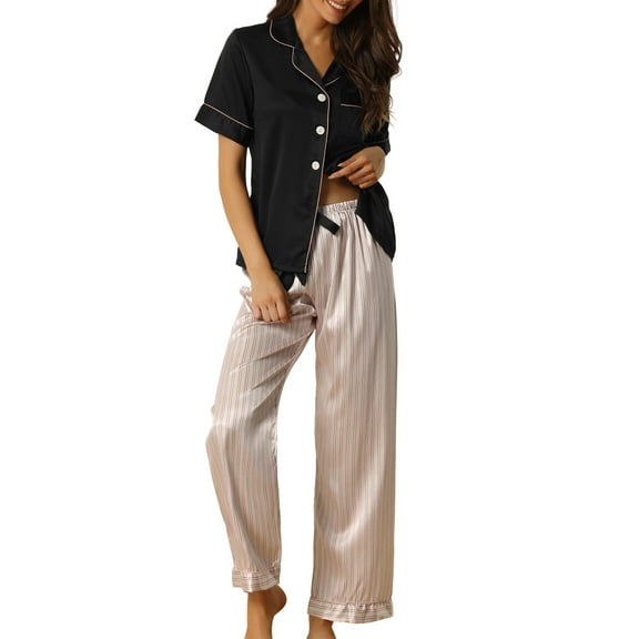 Unique Bargains Womens Satin Sleepwear Short Sleeve Loose Pants Lounge Pajama Sets L Light Pink