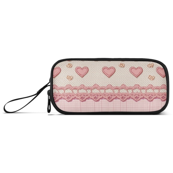 Pink Grid Hearts Lace Cute Valentine Pencil Case Stationary Holder Pen Bag Pencil Pouch Tool Organizer 3 Compartments