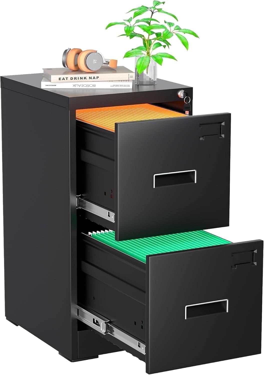 HOPUBUY 3-Drawer Rattan File Cabinet With Lock & Wheels - Oak Wood Rolling Storage For Home Office