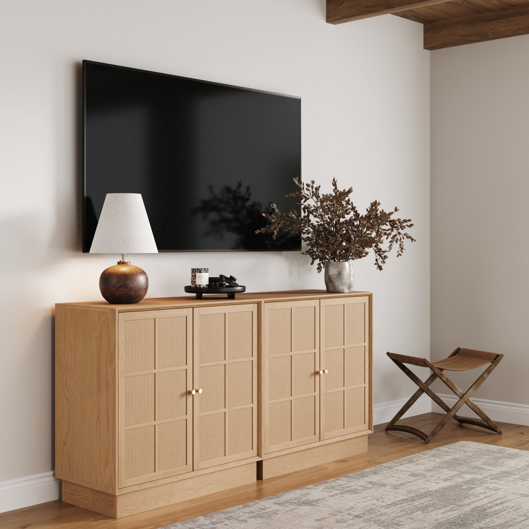 Nathan James Elise Modern Coastal Storage Cabinet, Oak TV Cabinet Stand or Rattan Storage Cabinet with Doors and Brass Door Handles, Raw Oak