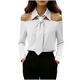 thumbnail image 2 of DAFPZW Women's Off the Shoulder Shirt with Tie Long Sleeve Button Down Blouse Elegant Office Solid Color Casual Basic Tops, 2 of 9