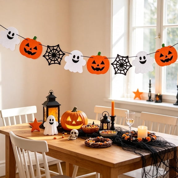 Halloween Garland with Pumpkin, Ghost, and Spider Web Lattice Cutouts, 2Pc Non-Woven Fabric Pennant Bunting for Wall Background, Holiday Theme Party Scene Decoration, 98.42 X 5.1 X 0.39 In