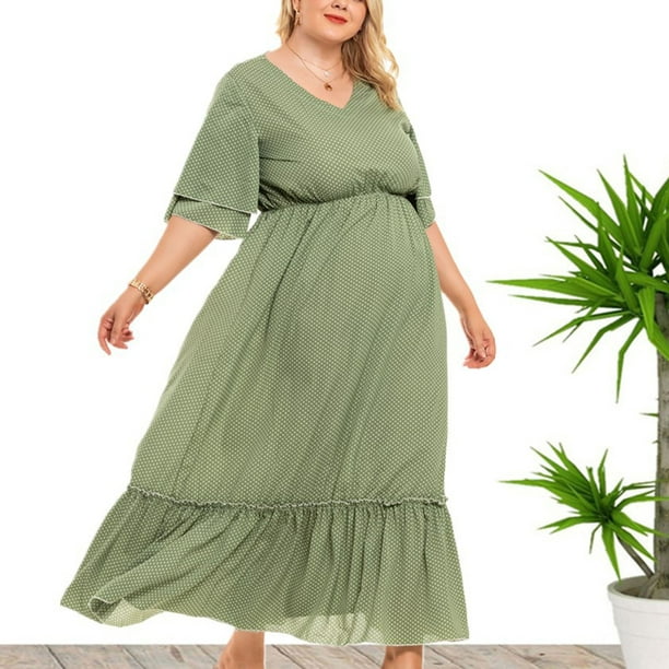 Plus Size Summer Dresses Women V Neck Polka Dots Ruffle Short Sleeve Casual Flowy Beach Vacation Dresses -