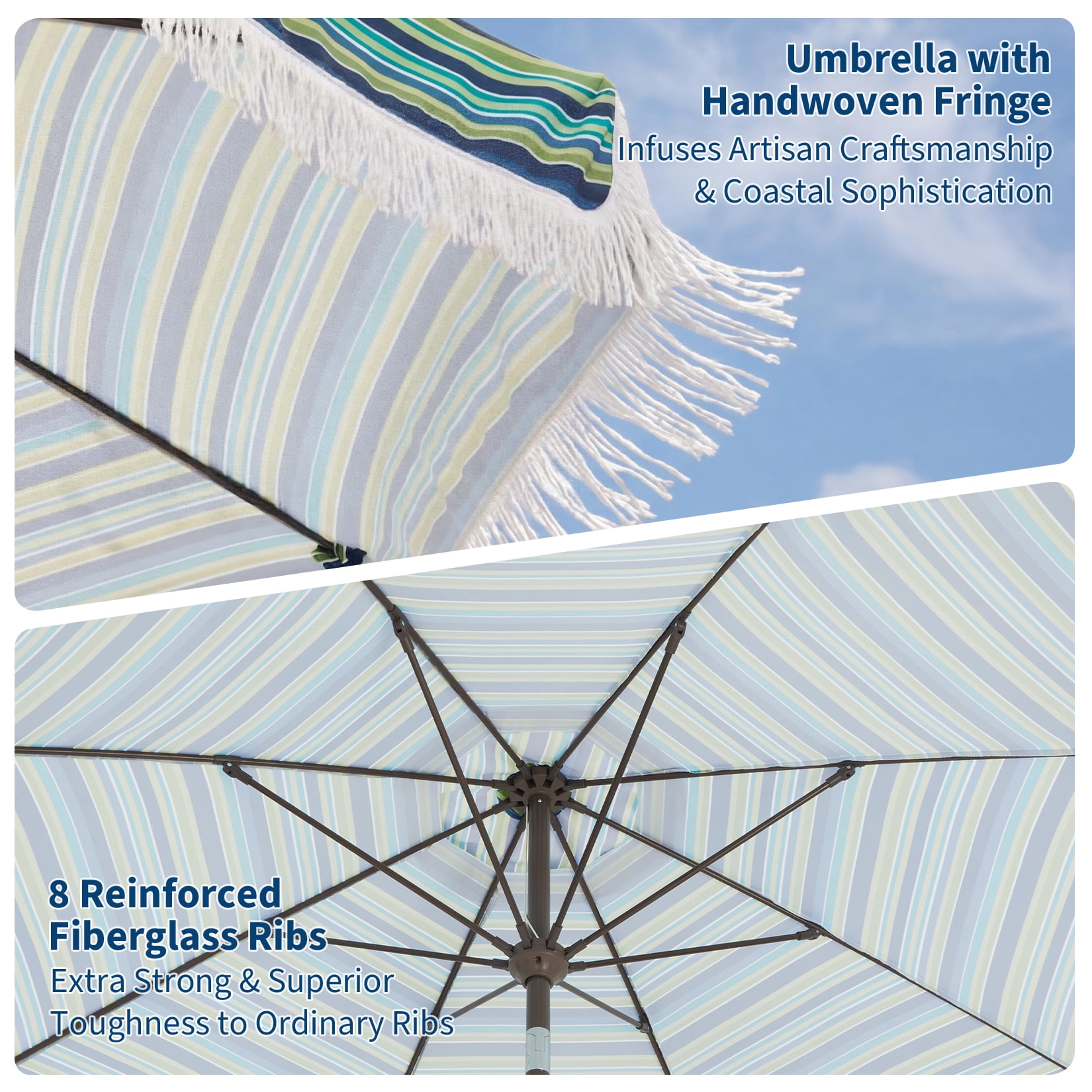 9FT Outdoor Umbrella with 8 Fiberglass Ribs, Crank Handle & Push Button Tilt, 1.5"D Premium Steel Pole, Boho Tassel Market Umbrella for Patio, Backyard, Pool, Blue & Green Striped