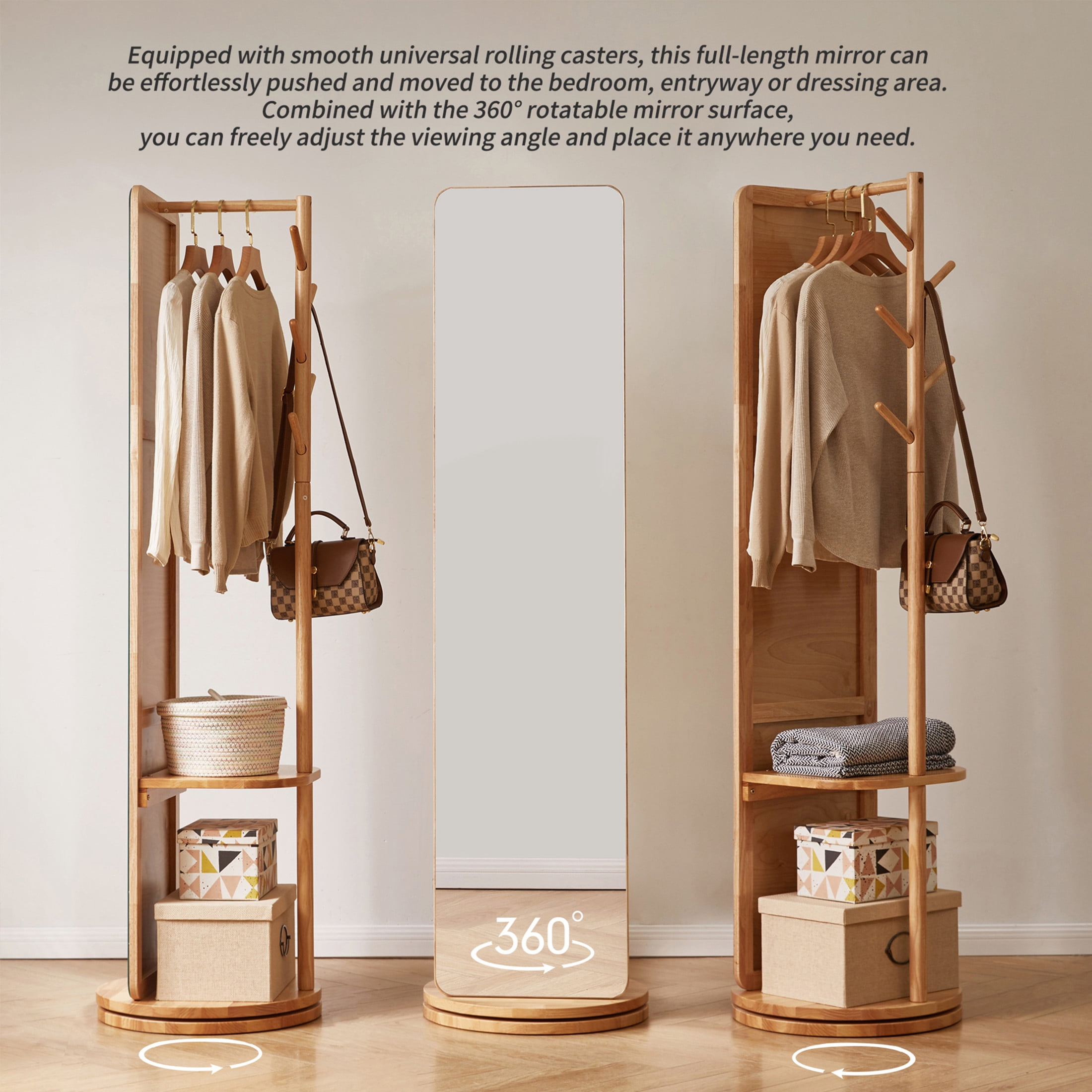 Noble House 360° Rotatable Full-Length Standing Body Mirror with Coat Rack & Storage Shelves, Dressing Mirror, Natural