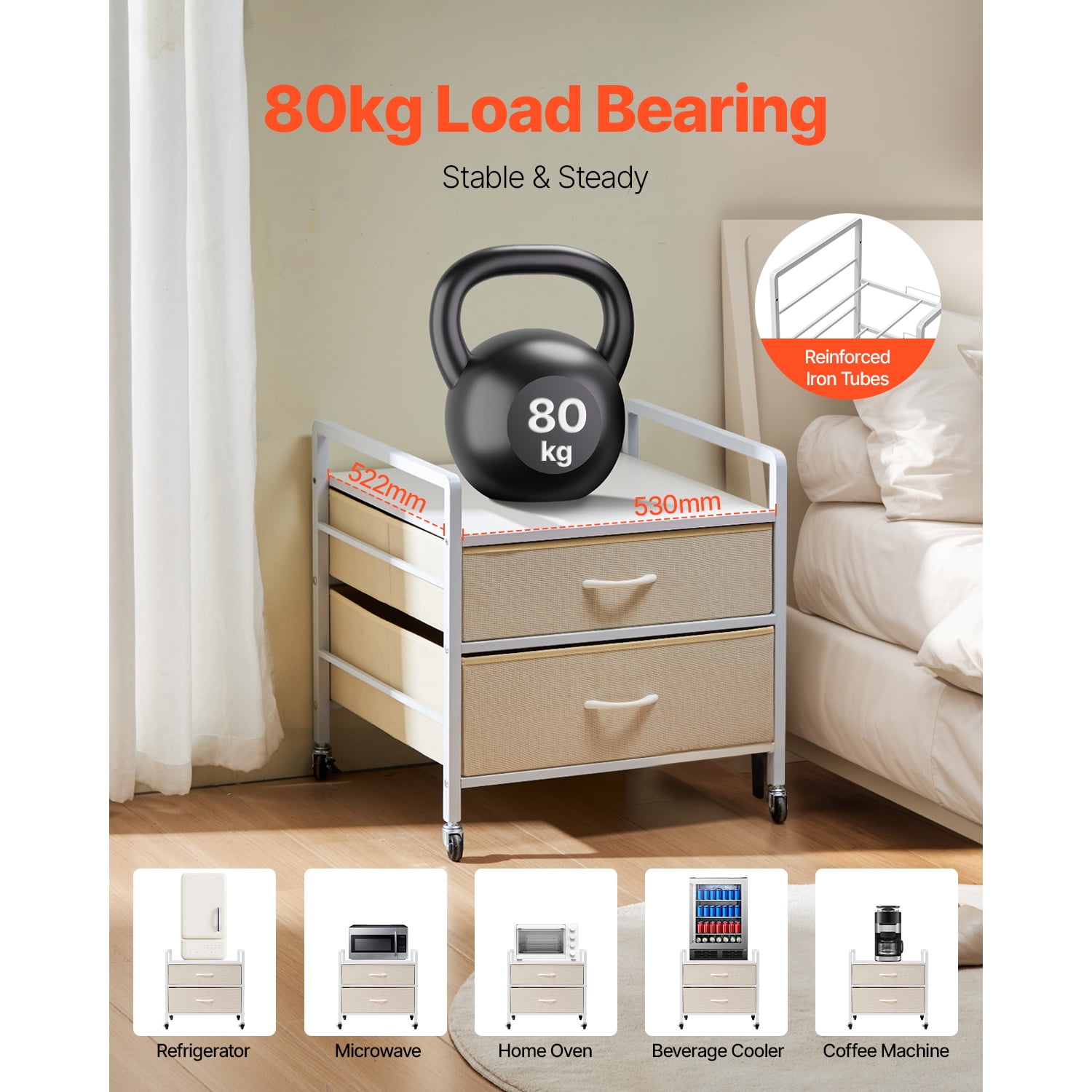 KFFKFF Compact Refrigerator Stand with Storage, Supports up to 176 lb, Compact Refrigerator Table with 2 Storage Drawers & 4 Movable Wheels, Portable Compact Refrigerator Shelf