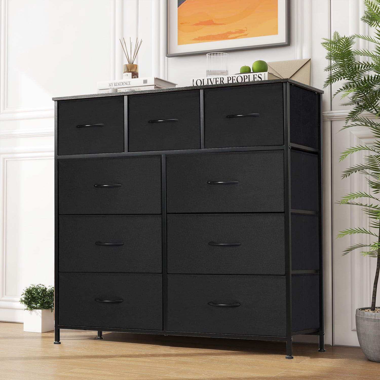 Taoset 9-Drawer Fabric Dresser with Wood Top - Compact Storage Organizer for Adult for Bedroom, Closet, Black