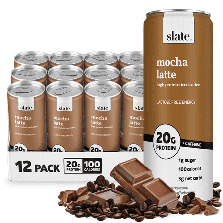 Slate Milk - High Protein Iced Coffee - Mocha Latte - 20g Protein, 1g Sugar, 100 Calories - 11 fl oz, 12 Cans