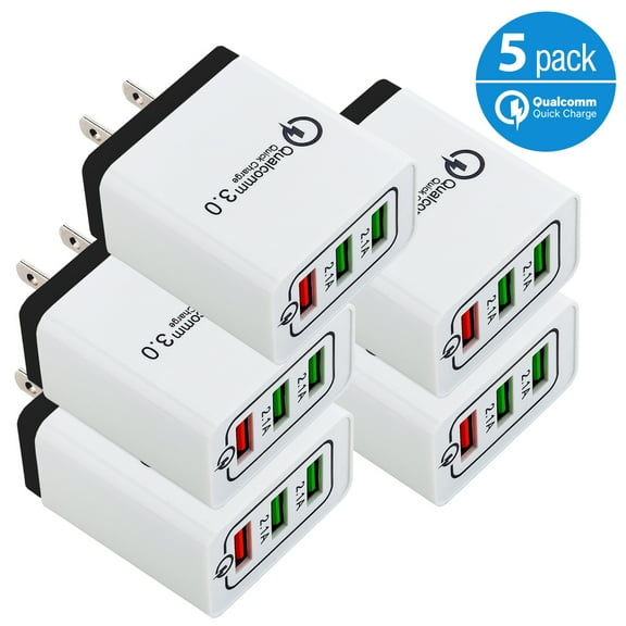 5-Pack USB Wall Charger, AFFLUX 7.2A 3-Port Fast Charging USB Wall Charger Universal Power Adapter Qualcomm 3.0 Quick Charge For Cell Phone, Samsung Note 8 9, Galaxy S8, S9, S9 iPhone 7 8 X XR Xs Max