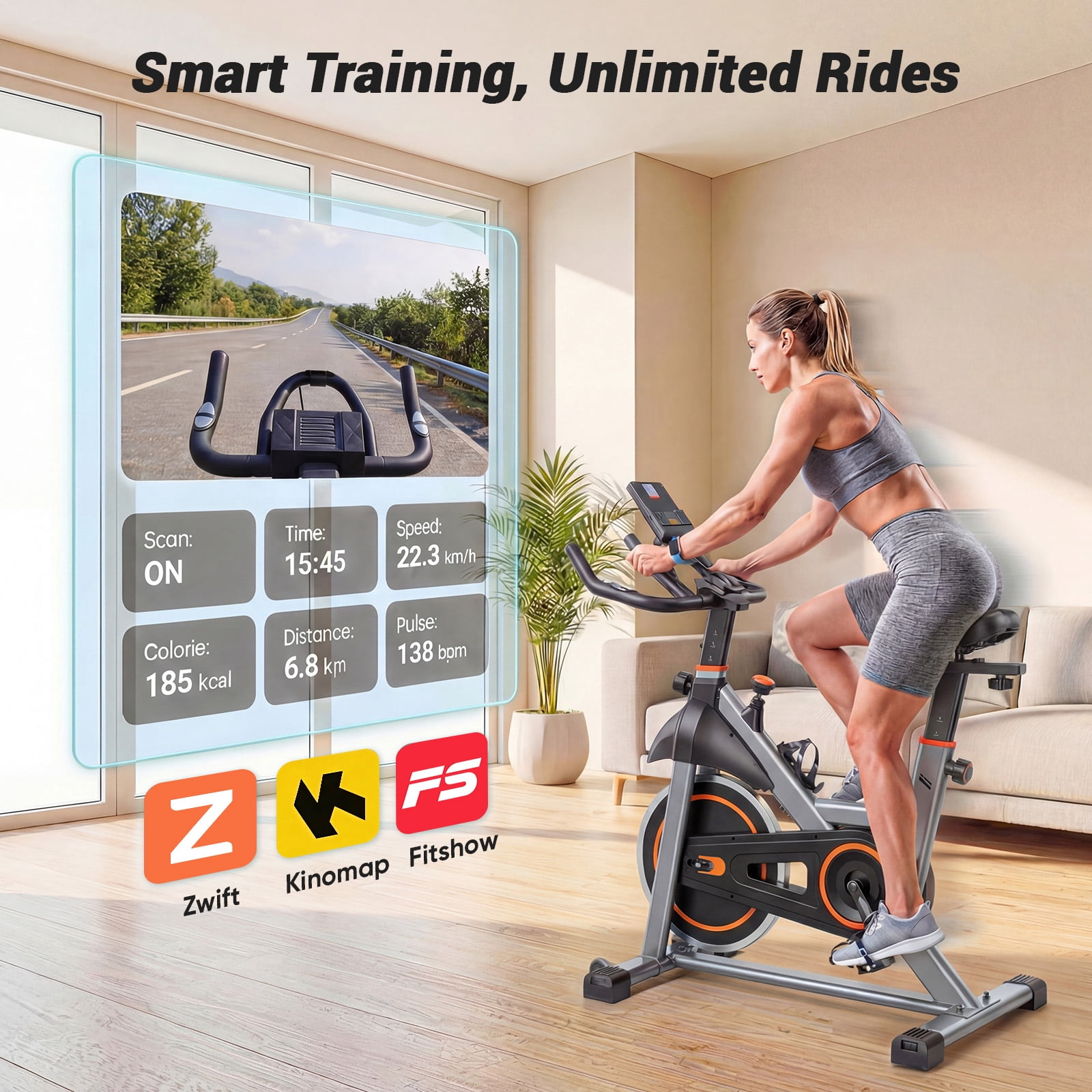 SHOUFTW Home Exercise Bike with APP Control, Magnetic Resistance Bike, Quiet Indoor Stationary Cycle 265lb Capacity, Silver Orange