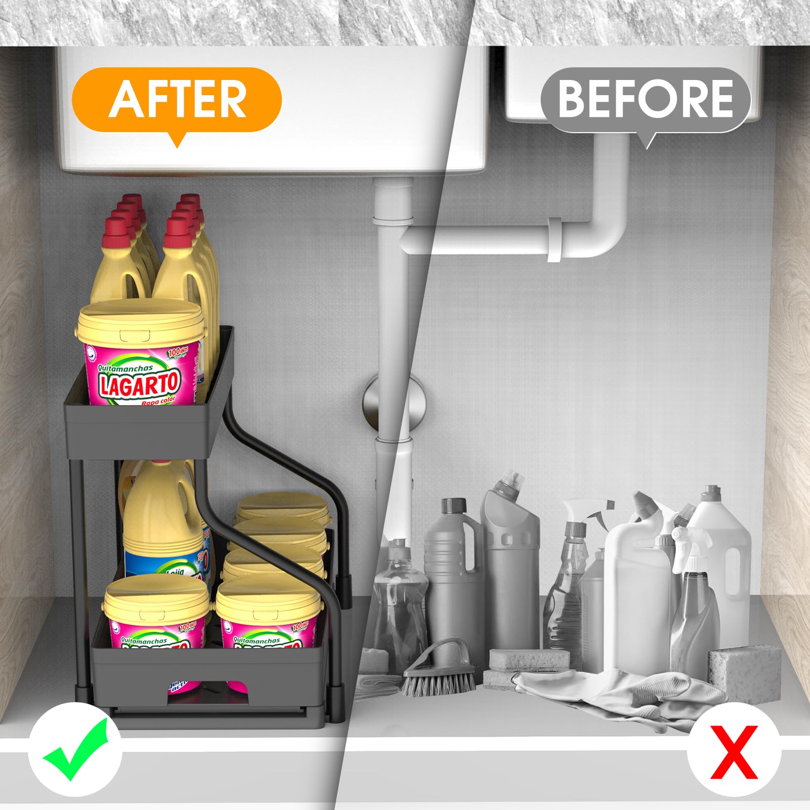 ZALFLEX Under Sink Organizers,2 Pack L-Shape Sliding Under Sink Organizers and Storage, 2-Tier  Under Counter Storage Organizer Pull Out Under Sink Storage for Kitchen Bathroom Black