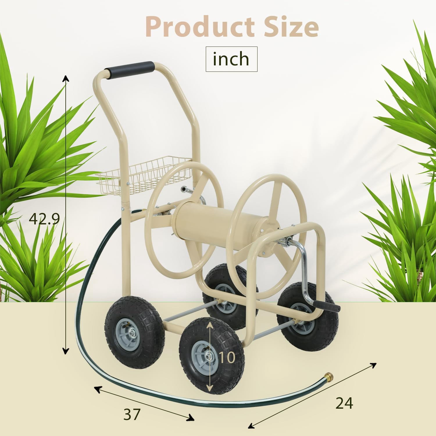 300ft Heavy Duty Hose Reel Cart - Steel Garden Water Hose Storage Cart with 8" Wheels, Foam Grip Handle, Outdoor Yard Hose Reel for Lawn & Garden (Tan)
