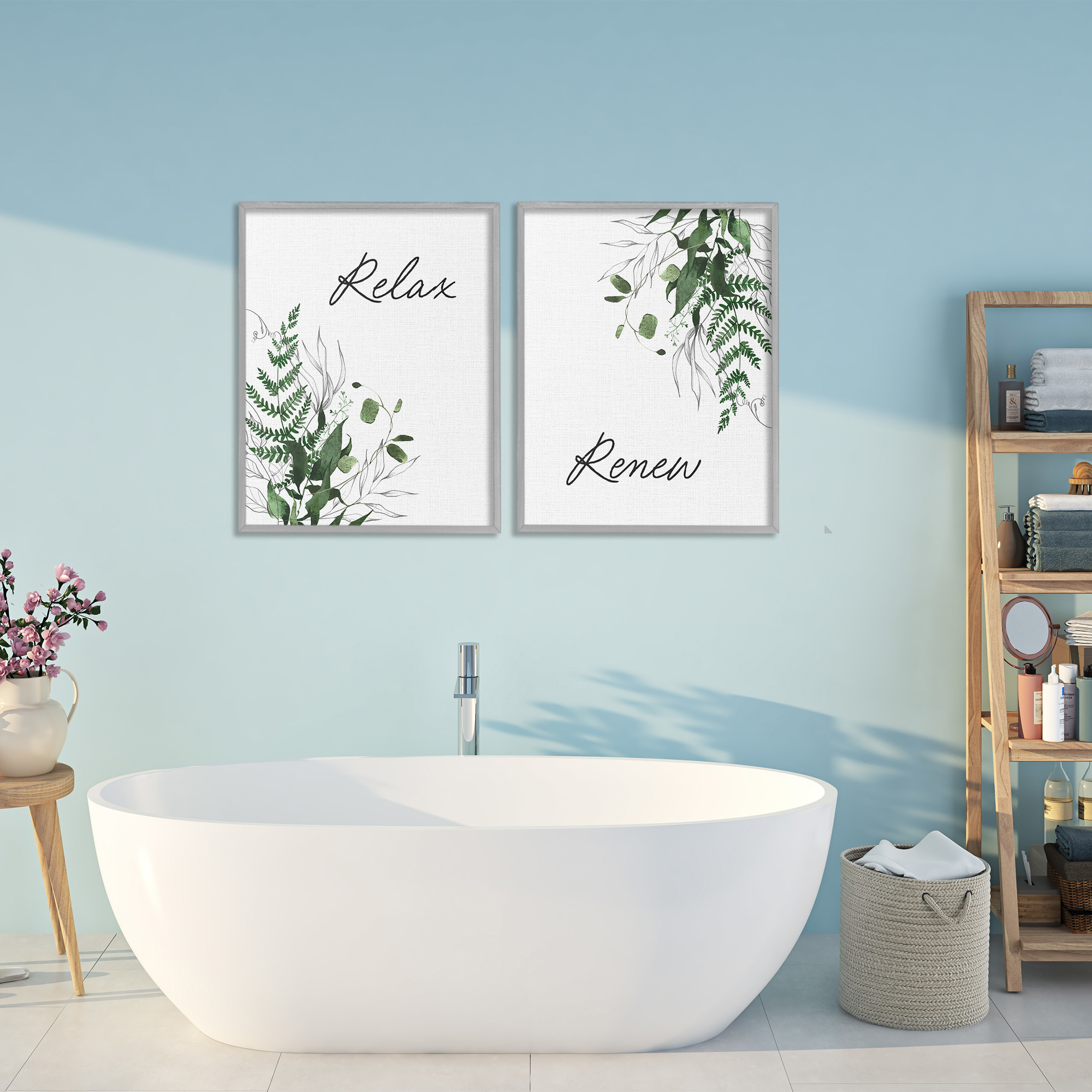 Relax Renew Botanical Leaves 2 Piece Gray Framed Giclee Art Set, design by Lettered and Lined