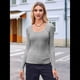 thumbnail image 4 of Camisas de Larga con Cuello Redondo para Mujer, Blusas Informales de Punto Acanalado de Corte Ajustado, Camisetas Básicas de Trabajo para Verano y Otoño. Gris L, 4 of 9