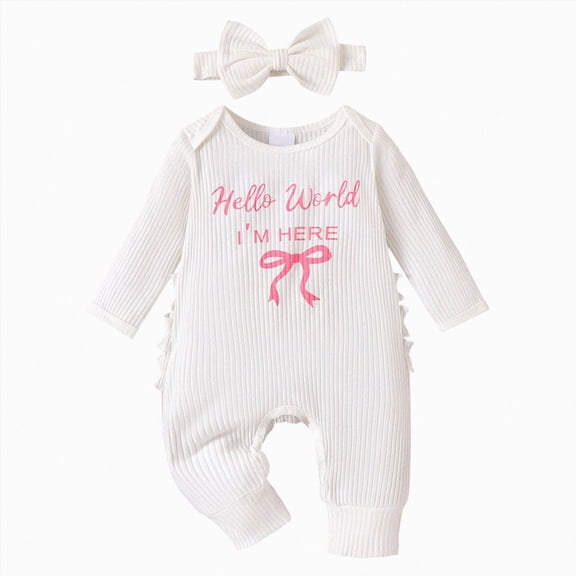 Nwiuh Newborn Baby Girl Coming Home Outfit Hello World I'm Here Jumpsuit Long Sleeve Ruffle Knit Romper with Headband (White, Newborn)