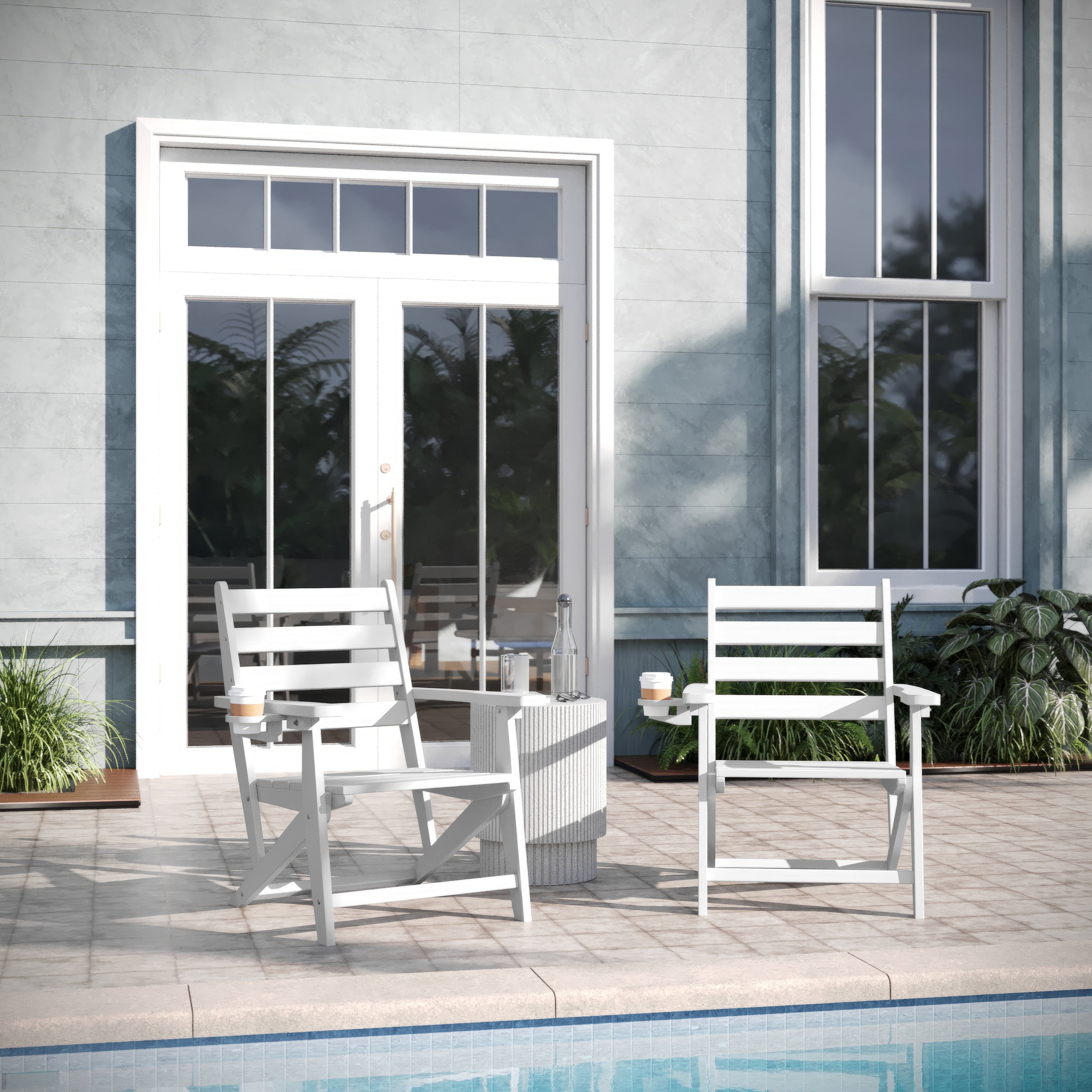 Emma + Oliver Adirondack Dining Chair with Fold Out Cup Holder, Weather Resistant Recycled HDPE Adirondack Chair in White