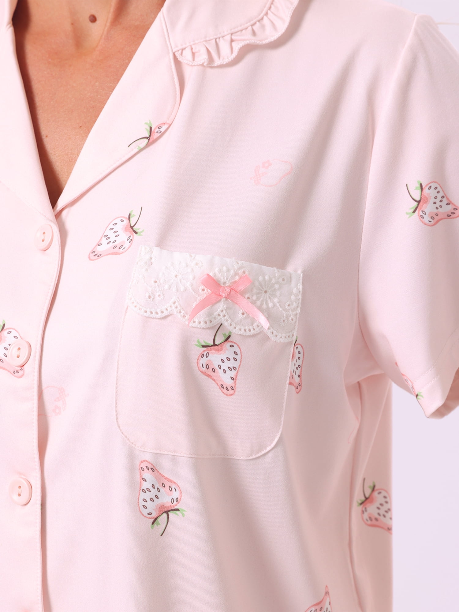 DARING DIVA Women's Pajama Sets Button Down Ruffle Collar Short Sleeve Shirt XL Light Pink