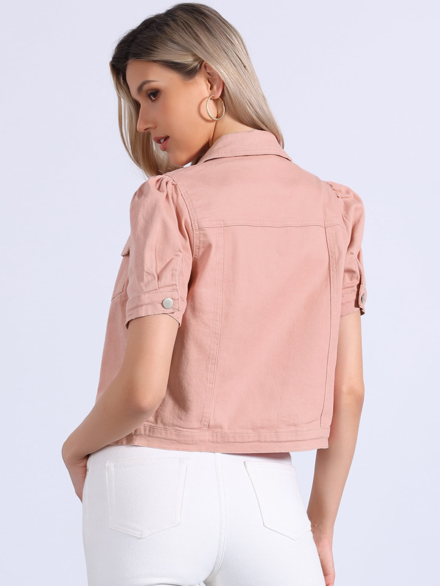 DARING DIVA Women's Jean Short Puff Sleeves Button-Down Denim Jacket XL Light Pink