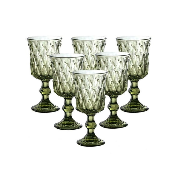 6-Piece 7oz Vintage Embossed Green Stemmed Wine Glasses - Elegant Drinkware for Wedding/Anniversary/Christmas Party & Family Dinner