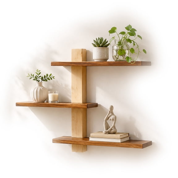 3 Tier Floating Shelves for Wall, Solid Wood Wall Mounted Shelves, Small Wood Floating Shelf for Living Room Bedroom Kitchen, Modern Display Storage Shelving