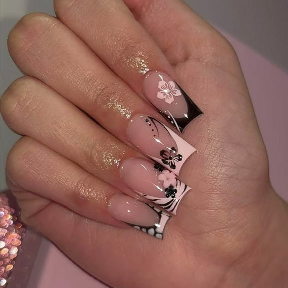 24Pcs Square Press on Nails Glossy Design French Fake Nails Acrylic False Nails,Artificial Nails Glues on Nails Womens