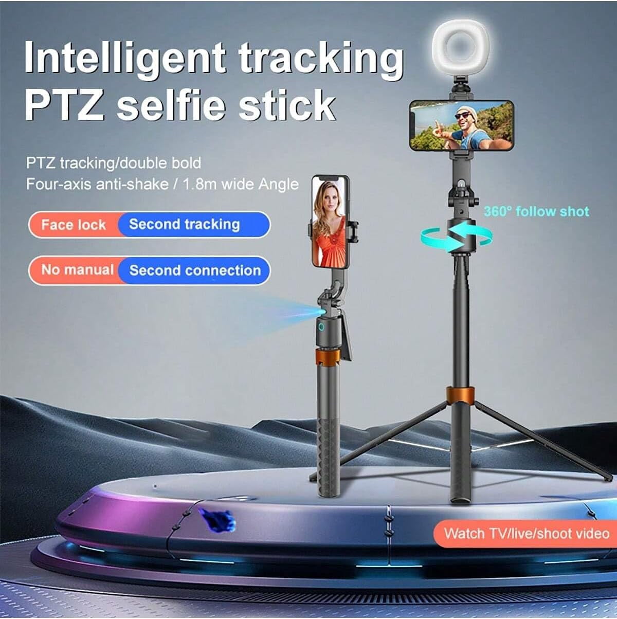 Extendable Selfie Stick Tripod, 360° Rotation Phone Camera Stand with Remote and Gesture Control, Auto Face Tracking Phone Holder, Shooting Stand for iPhone, Android, Camera, Video Recording