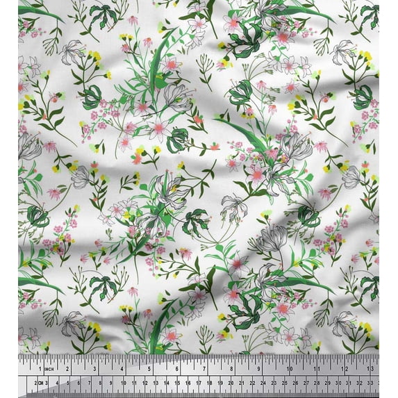 Soimoi White Rayon Fabric Leaves,Berries & Clematis Floral Print Sewing Fabric Yard 42 Inch Wide