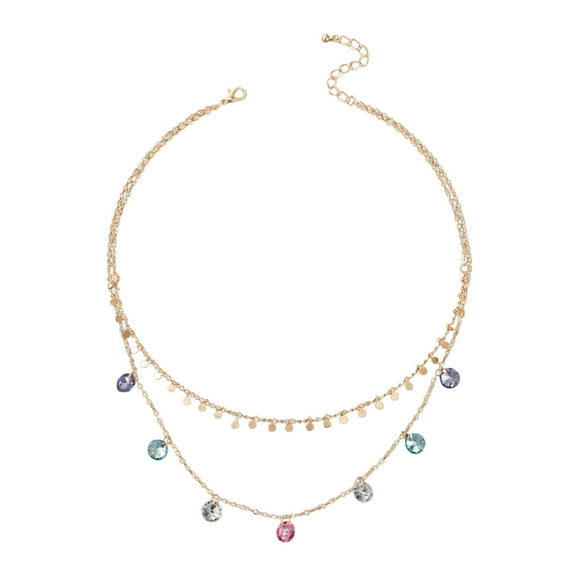 Valentine's Day Gifts for Woman Jewelry Golden Geometric Disc Tassel Color Rhinestone Pendant Two-In- Chain Gold