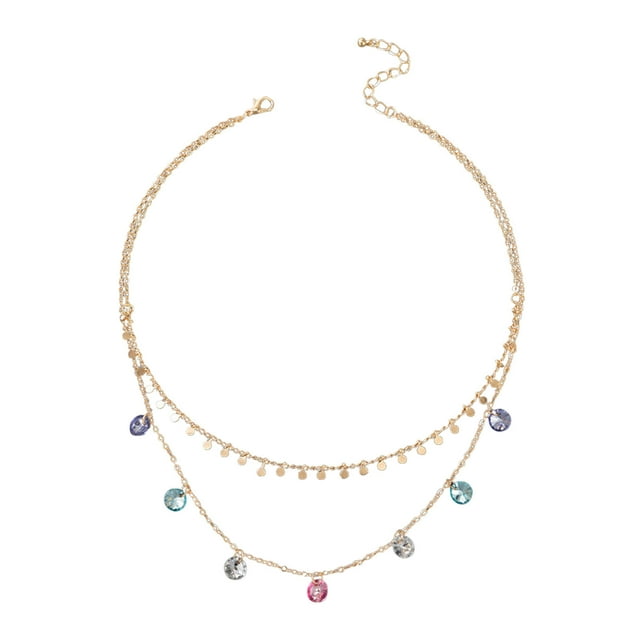 Jewelry Golden Geometric Disc Tassel Color Rhinestone Pendant Two-in-One Chain