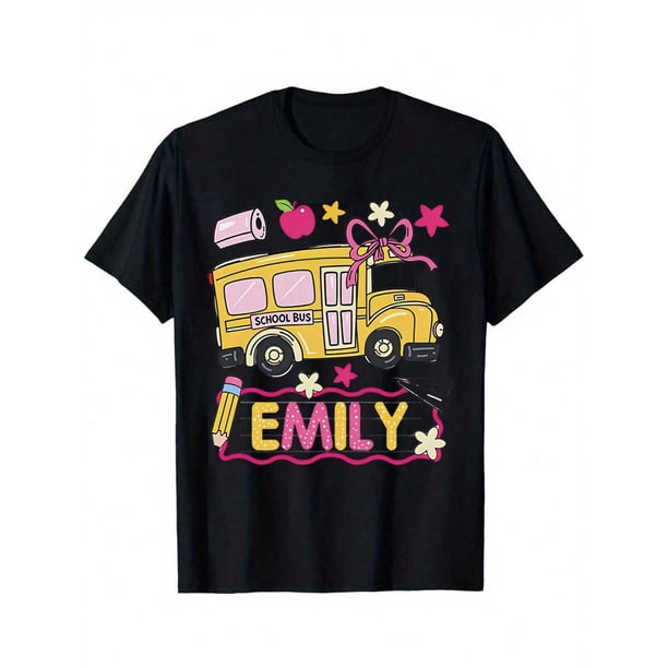 Girls & Boys School Bus Theme Cotton Graphic Tees, Back To School Clothes Girls, Black Casual Summer Shirts With Fun Graphic Print, Gift For First Day of School, Round Neck Short Sleeve T-Shirt