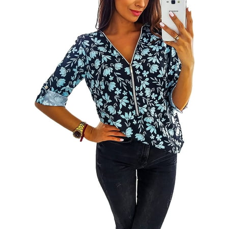 

PIKADINGNIS Womens Floral Printed Chiffon Blouses 3/4 Roll Up Cuffed Sleeve Zip Up T-Shirt V Neck Shirts for Women Tunic Tops