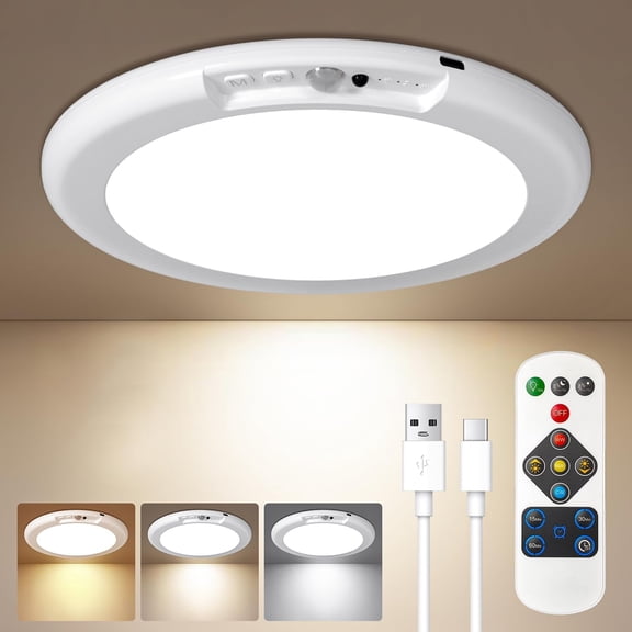 Gaormii Rechargeable LED Ceiling Light with Remote, Motion Sensor 3 Color Dimmable Wireless Magnetic Closet Light, Battery Operated Shower Light for Shed Pantry.