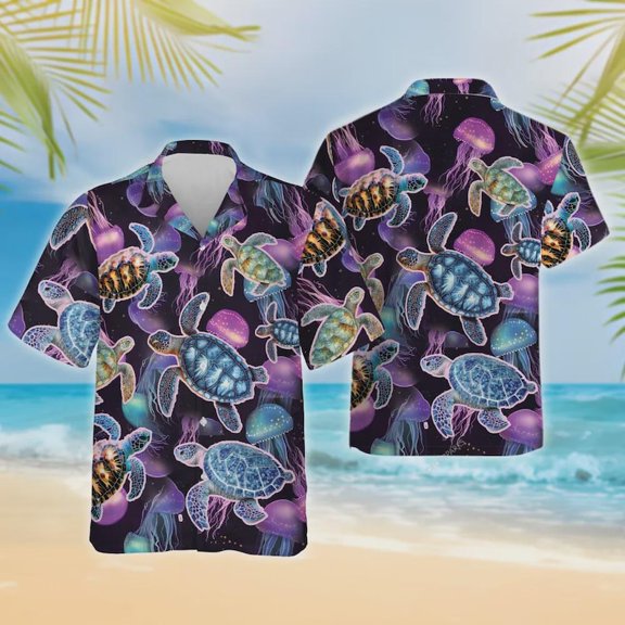 Sea Turtle Hawaiian Shirt For Everyone, Colorful Jellyfish Tropical Summer Shirt, Turtle Lovers Button Down Short Sleeve Shirt, Family Outfit