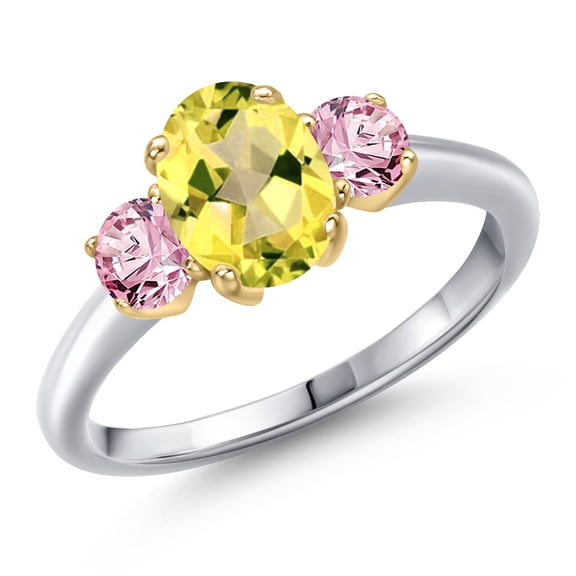 Gem Stone King 10K Two Tone Gold Canary Mystic Topaz and Pink Lab Grown Diamond Engagement Ring for Women | 2.06 Cttw | Oval 8X6MM | Gemstone November Birthstone | Size 9