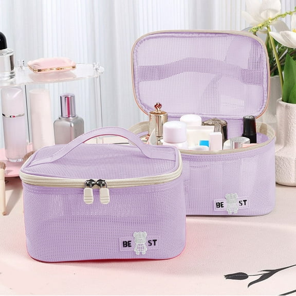 Travel Makeup Bag Large Capacity Open Top Cosmetic Organizer Breathable Mesh Design Ladies Beauty Case Toiletry Bag Portable Water Resistant Nylon Material
