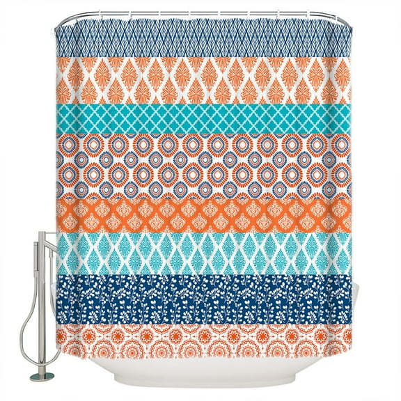 Geometric Bohemia Shower Curtain, 66" x 72", Stripes Orange Turquoise and Blue Waterproof Bathroom Curtain Washable Shower Curtain Set with 12 Hooks