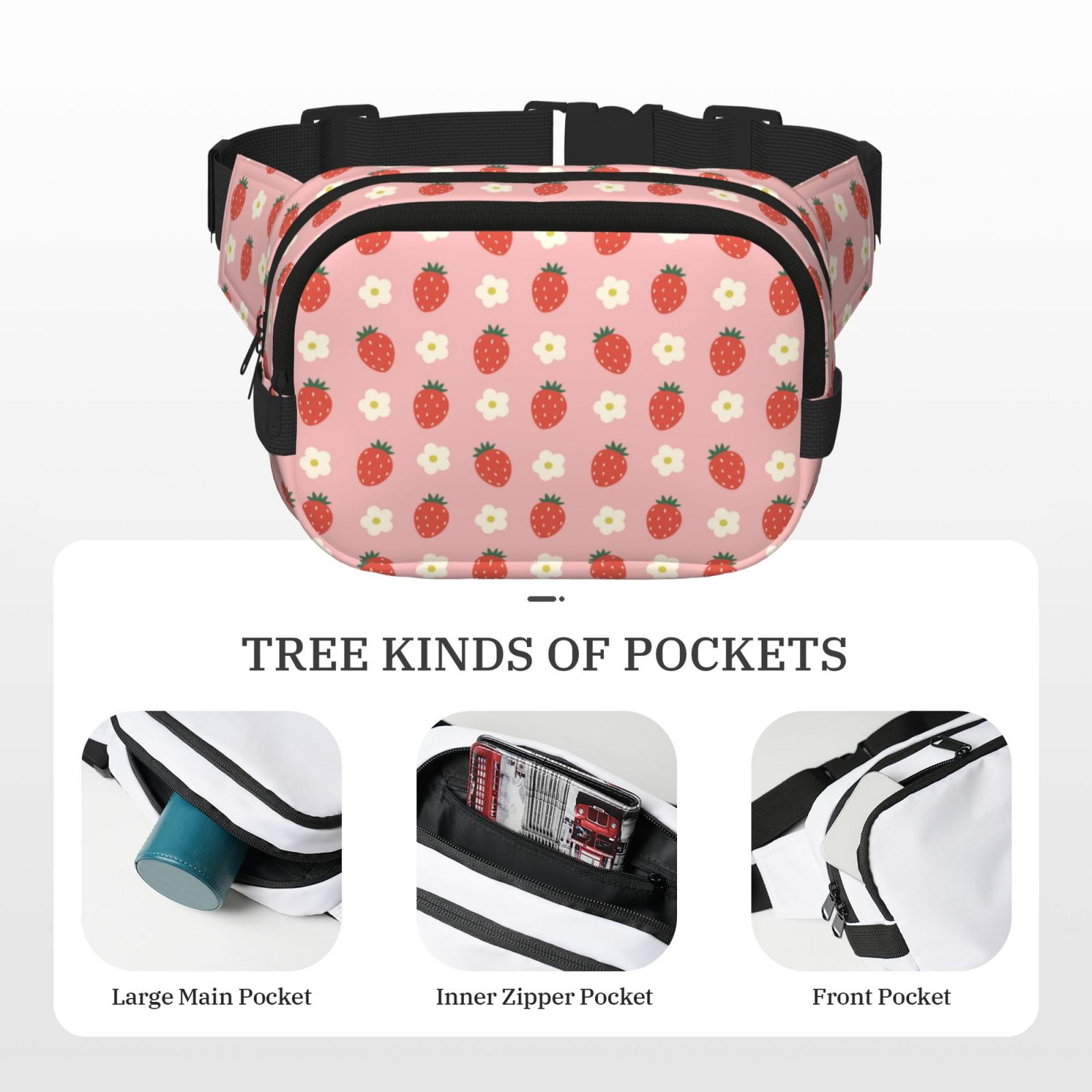 Hirioo Strawberry for Double Layer Waist Bag Adjustable Fanny Pack For Travel Running Hiking