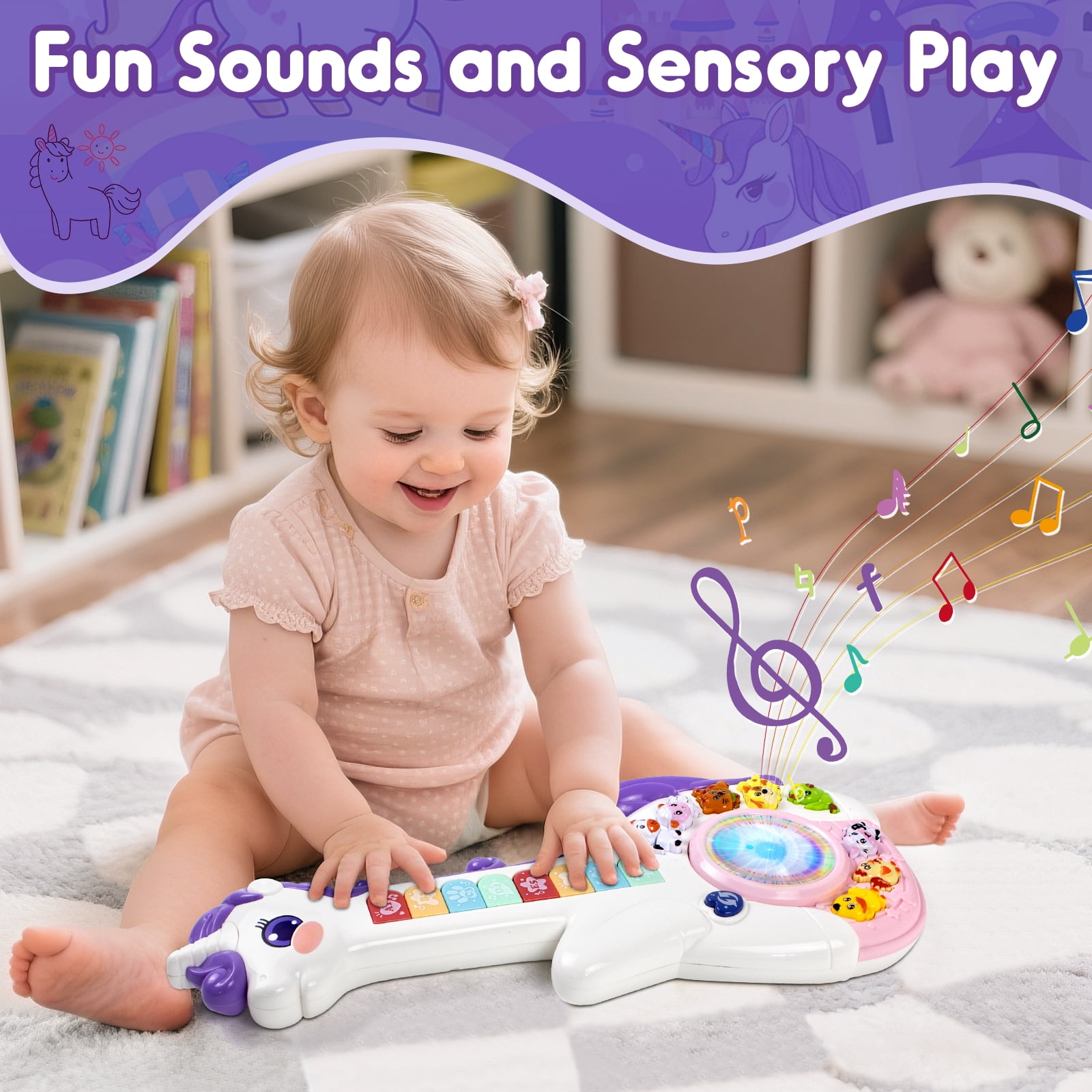 Marstone Toys for 1 2 Year Old Girl Birthday Gifts: Baby Musical Unicorn Toys 12-18 Months, Educational Cartoon Guitar for Toddler Boy Kids 1-3