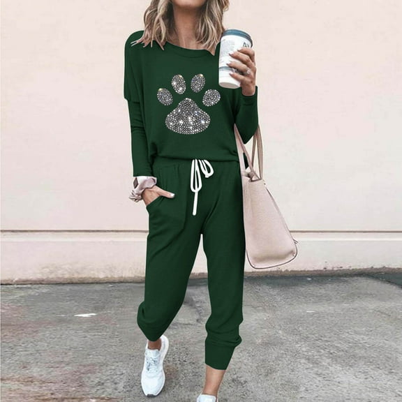 Plus Size Sets for Women Two-Piece Cute Outfits Lovely Dog Paw Print Long Sleeve Sleepwear Tops and Bottoms,S-5XL