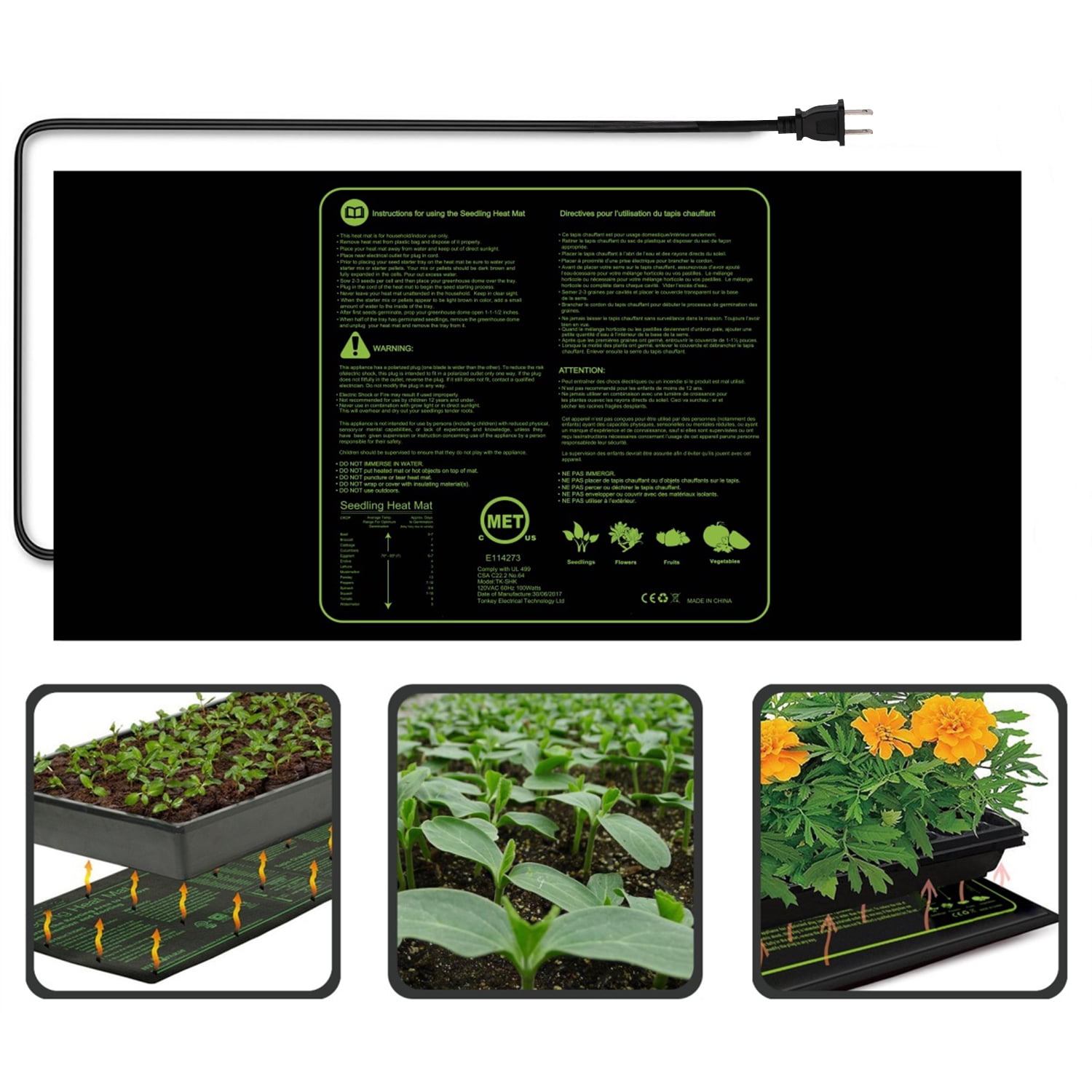 100W Seedling Heating Mat Durable Waterproof Flowers Fruits Vegetables