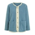 thumbnail image 4 of felwors Women Fuzzy Fleece Jacket Pajama Tops V-Neck Button Down Sleepwear Long Sleeve Plush Warm Winter Coat with Pockets Blue, XL, 4 of 8