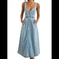 thumbnail image 1 of Vestido Vaquero Maxi con Tirantes para Mujer, Sin Mangas, de Verano, Ajustado y con Cuello Halter. Azul XL, 1 of 9