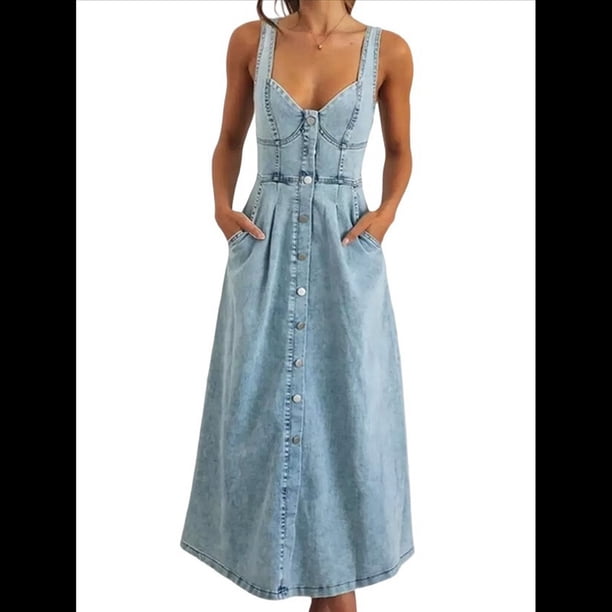 Vestido Vaquero Maxi con Tirantes para Mujer, Sin Mangas, de Verano, Ajustado y con Cuello Halter. Azul XL