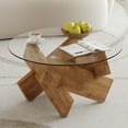 thumbnail image 2 of Hassch Round Glass Coffee Table for Living Room, 33.4 inches Mid-Century Modern Accent Tea Table, Farmhouse Cocktail Table with MDF Legs and Tempered Glass Top (Brown), 2 of 8