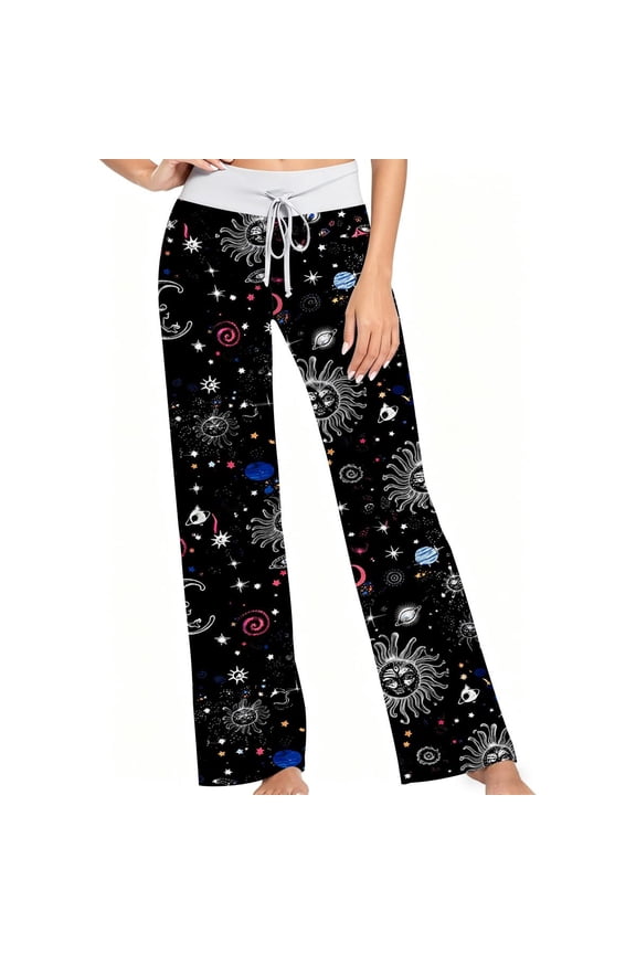 Women Pajama Pants Black Cosmic Galaxy Sun Moon Star Print Soft Lounge Sleep Pants Casual Comfy Loose Fit Pajama Bottoms With Elastic Waist Perfect Gifts For Birthday Holidays.